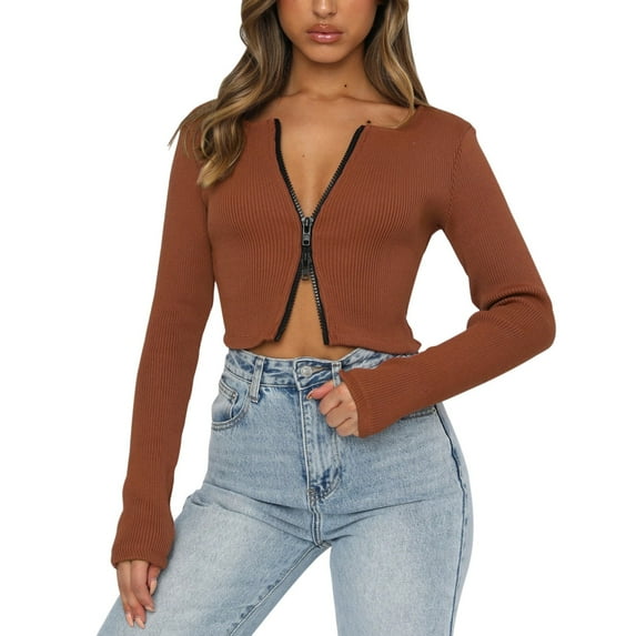 DuoJiaJ Women'S Solid Color Zipper Long Sleeve Plunging Neckline Top Sexy Slim Scrunchy Knit Bottoming Shirt Women’s High-Neck Workout Tops Yellow