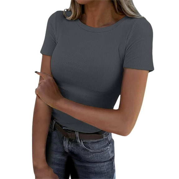 DuoJiaJ Women Short Sleeve Tops Crewneck Rib Knit Slim Fit Shirts Basic Tee 2025 Summer Casual T Shirt Trendy Clothes Cropped Tops for Women Gray M