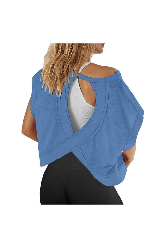 Women Short Sleeve Workout Shirts Open Back Tops Casual Yoga Athletic Gym Slouchy Crop Running Tees Breathable Sport Tops Blue M