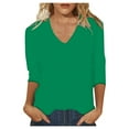 thumbnail image 1 of DuoJiaJ Women Slim Fit Plain Tops 3/4 Sleeve Blouse 2025 T Shirt Summer Tops Basic Tunic V Neck Pullover Tops T Shirt Women’s Casual Tops Green, 1 of 5