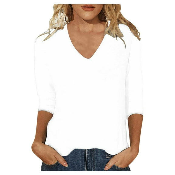 DuoJiaJ Women Slim Fit Plain Tops 3/4 Sleeve Blouse 2025 T Shirt Summer Tops Basic Tunic V Neck Pullover Tops T Shirt Women’s Casual Tops White