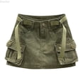 thumbnail image 1 of DuoJiaJ Women Soild Mini Cargo Skirt Low Waist Short Denim Jean Skirt Denim Skirts Women Green XS, 1 of 3