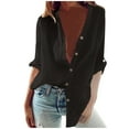 thumbnail image 1 of DuoJiaJ Women Solid Buttons Stand Collar Long Sleeves Casual Shirt Blouse Tops Women's Linen Shirts Black XL, 1 of 4