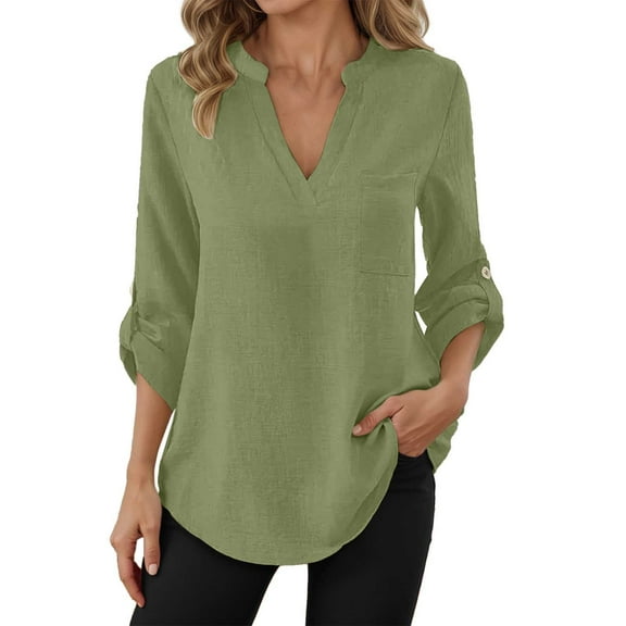 DuoJiaJ Women Solid Casual Button V Neck Pocket Long Sleeve T Shirt Top Women's Linen Shirts Green XL