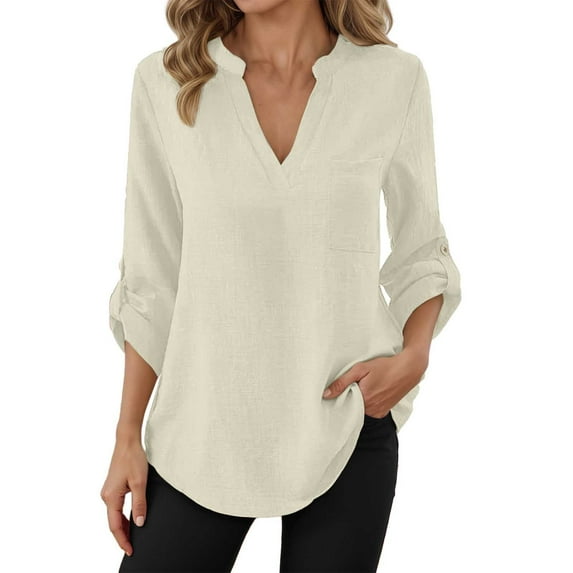DuoJiaJ Women Solid Casual Button V Neck Pocket Long Sleeve T Shirt Top Women's Linen Shirts White XL