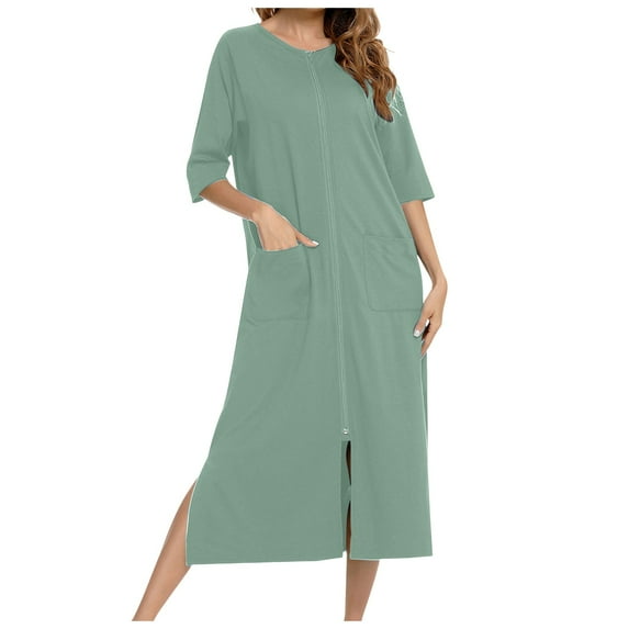 DuoJiaJ Women Solid Comfortable Casual Skirt Loose Pajamas Seven Quarter Sleeve Nightgown Women's Long Nightgowns Light Green