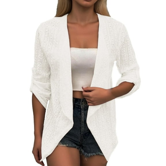 DuoJiaJ Women Solid Elegant Cardigan Lace Cutout Design Casual Long Sleeve Top Cardigan Sweater White