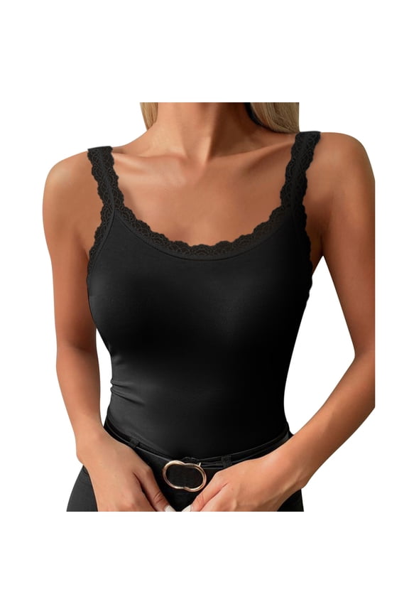Women Solid Lace Strap Vest Sleeveless Underwear Splice Tank Tops Blouse Tops Women’s Lace Trim Tank Tops