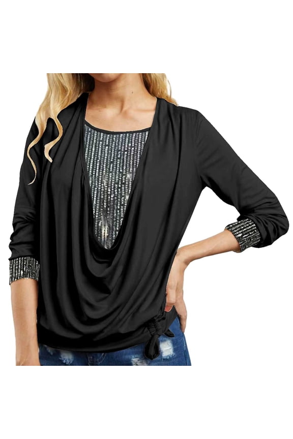 Women Solid Sequined Long Sleeve Collar Loose Smocked Two Piece Top Plus Size Women’s Tops Black L