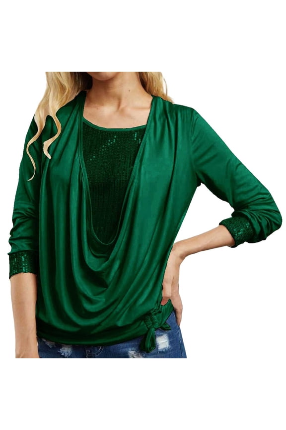 Women Solid Sequined Long Sleeve Loose Smocked Two Piece Top Women’s Linen Button-Down Shirts for Summer Green XXXL