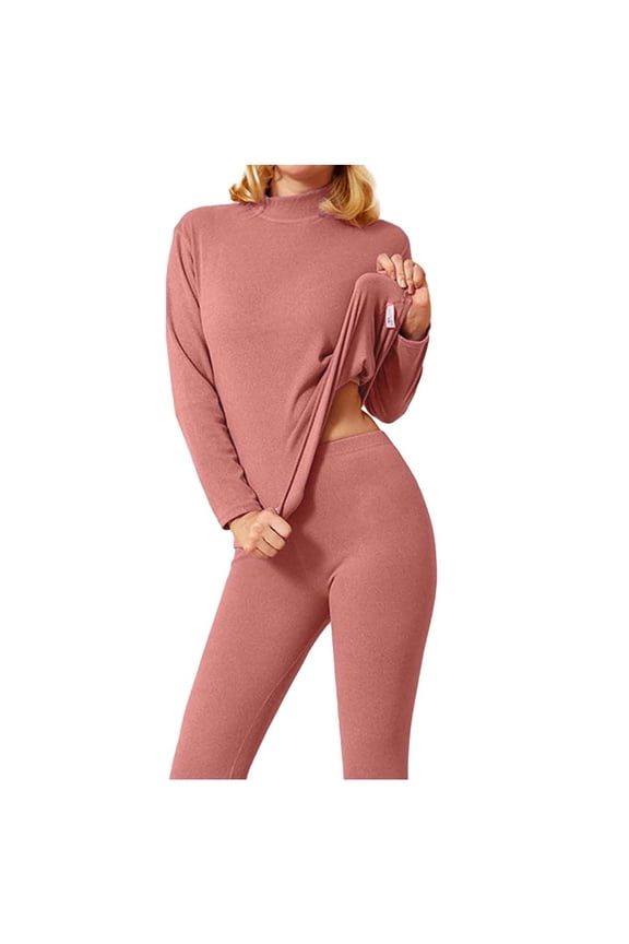 Women Solid Warm Plus Fleece Long Sleeve Mid Turtleneck Suit Thermal Underwear Warm Underwear For Women Pink XXL