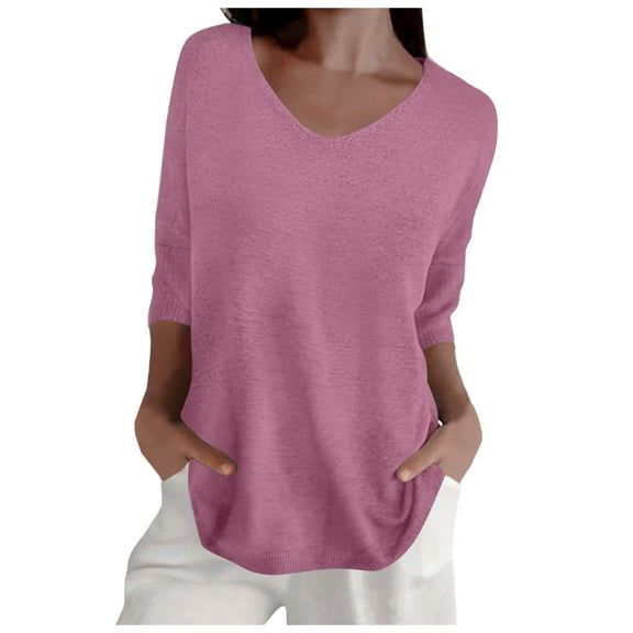 DuoJiaJ Women Spring Casual 3/4 Sleeve Solid Color V Neck Loose Pullover Knit Fall Sweaters Tops Plus Size Women’s Tops Pink L