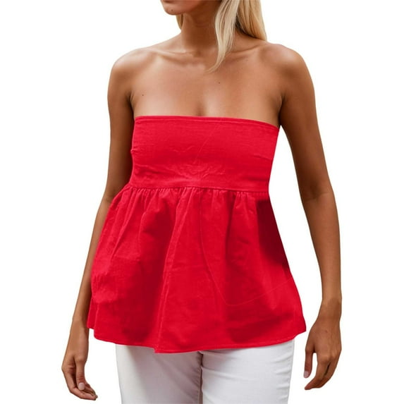 DuoJiaJ Women Strapless Backless Ruffle Flowy Tube Top Summer Off Shoulder Pleated Bandeau Going Out Peplum Top Women’s Athletic Tank Tops