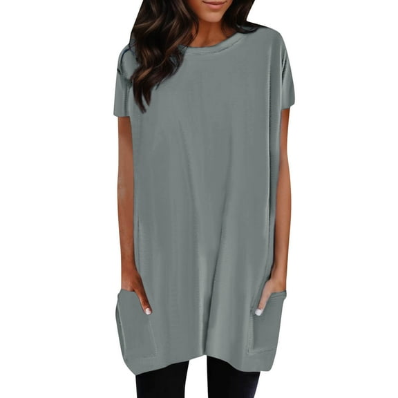 DuoJiaJ Women Summer Casual Round Neck Short Sleeve Pocket Print Long Top Women’s Summer Tops Gray