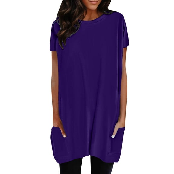 DuoJiaJ Women Summer Casual Round Neck Short Sleeve Pocket Print Long Top Women’s Summer Tops Purple