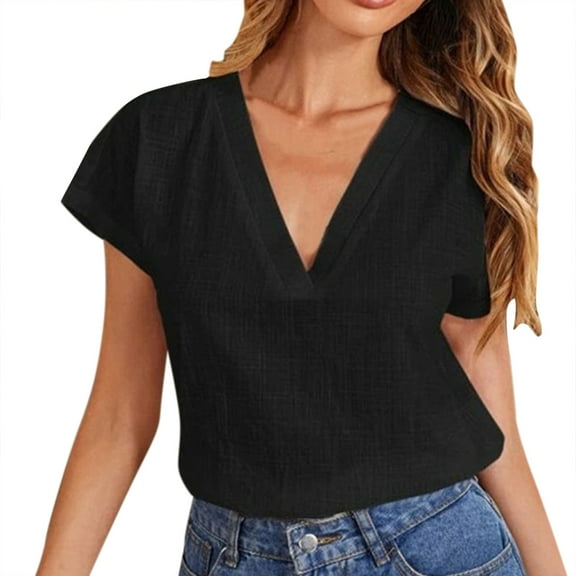DuoJiaJ Women Summer Casual Split V Neckline Chiffon Blouses Loose Tunic Short Sleeve Tops Women’s V-Neck Tops Black