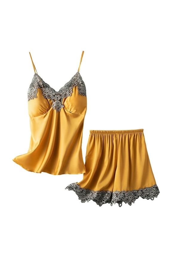 Women Summer Leisure Home Solid Color Lace Stitching Strap Pajamas Pajamas Pajamas Set With Chest Pad Women's Long Nightgowns Yellow