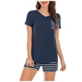 thumbnail image 1 of DuoJiaJ Women Summer Pajamas Striped V Neck Pocket Short Sleeve Shorts Pajama Set Cotton Nightwear For Women Navy, 1 of 5