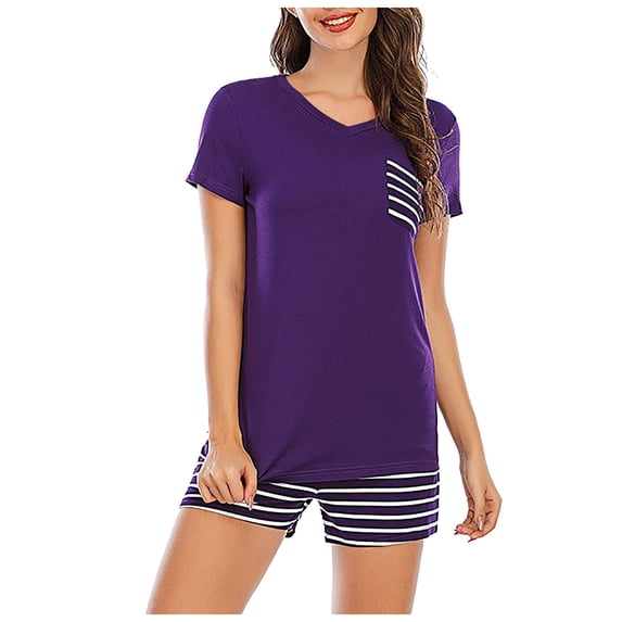 DuoJiaJ Women Summer Pajamas Striped V Neck Pocket Short Sleeve Shorts Pajama Set Cotton Nightwear For Women