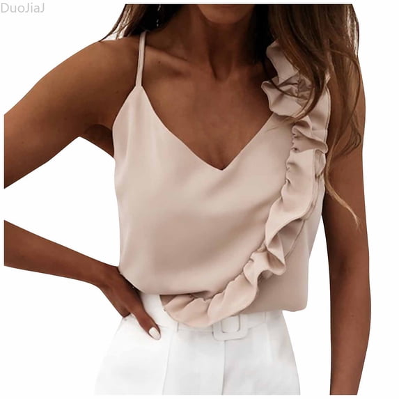DuoJiaJ Women Summer V-Neck Tops Pure Color Ruffles Backless Sleeveless Tops Blouse Summer Tank Tops Women Beige S