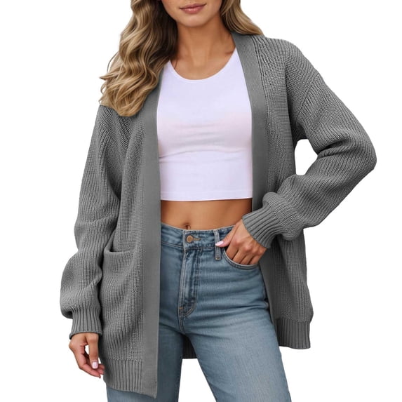 DuoJiaJ Women Sweaters Cardigan Open Front Long Sleeve Ribbed Knit Jackets Fall Fashion Cozy Sweater Gray XXL