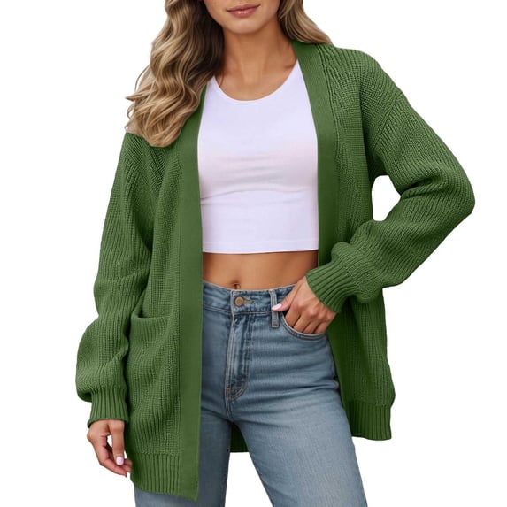 DuoJiaJ Women Sweaters Cardigan Open Front Long Sleeve Ribbed Knit Jackets Fall Fashion Cozy Sweater Green L