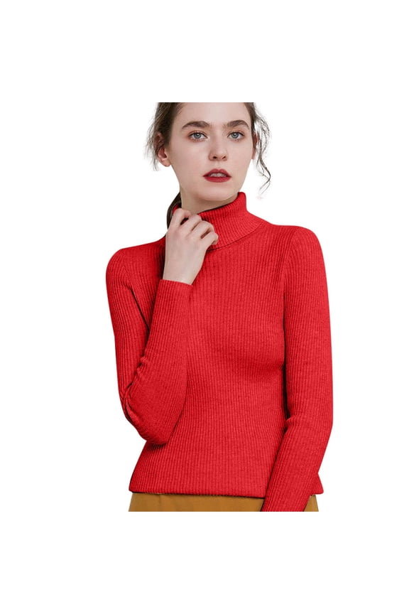 Women Sweaters Turtleneck Pullover Lightweight Sweater Tops for Women Fall Long Sleeve Solid Color Trendy Blouses Red M