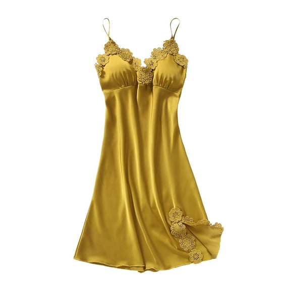 DuoJiaJ Women Sweet Solid Color Imitation Silk Bud Silk Belt Breast Pad Gathered Suspender Nightdress Silk Pajamas For Women Yellow