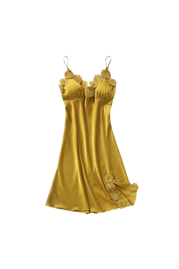 Women Sweet Solid Color Imitation Silk Bud Silk Belt Breast Pad Gathered Suspender Nightdress Silk Pajamas For Women Yellow