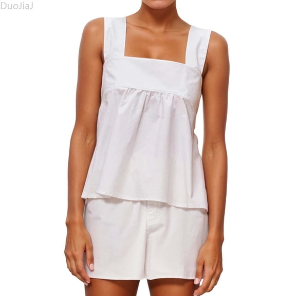 DuoJiaJ Women Tank Tops Summer Sleeveless Plaid Tie Back Crop Top Gingham Camisole Square Neck Backless Vest Women Vest White M