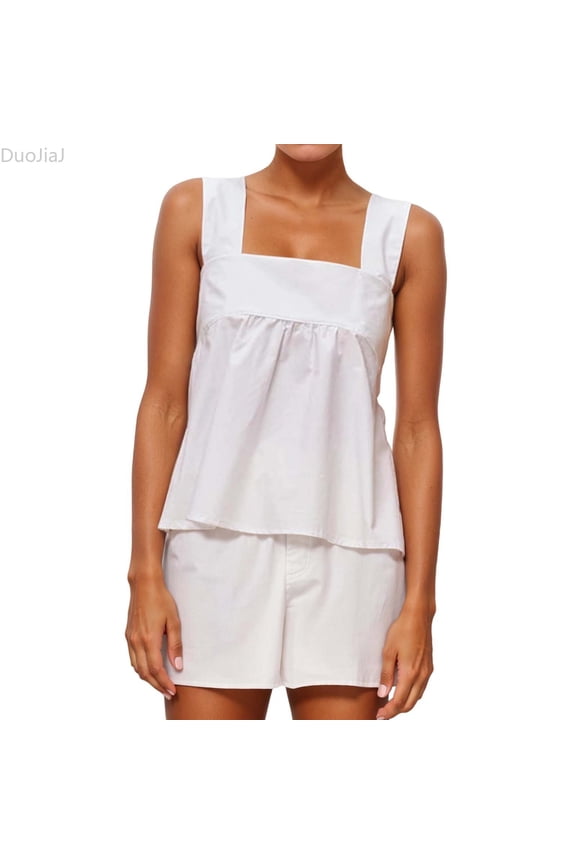 Women Tank Tops Summer Sleeveless Plaid Tie Back Crop Top Gingham Camisole Square Neck Backless Vest Women Vest White M