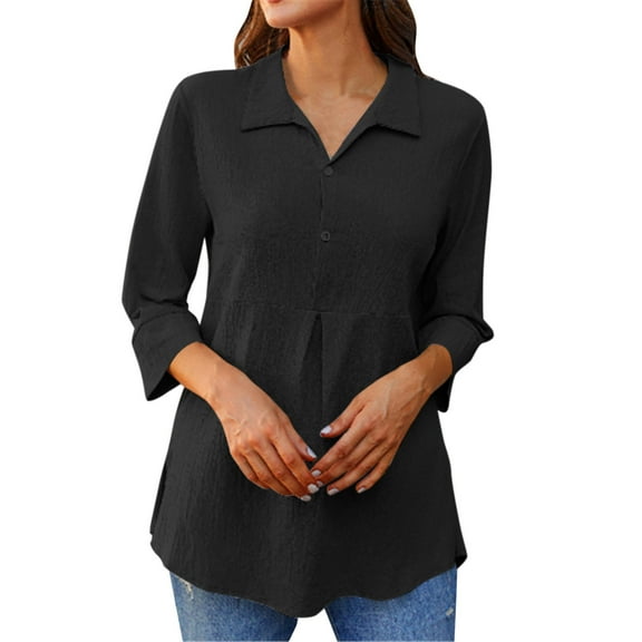 DuoJiaJ Women Three Quarter Sleeves Solid Color Lapel Hem Slit Tuxedo Top Irregular Pullover Shirt Women's Button Down Shirts Black XXXL