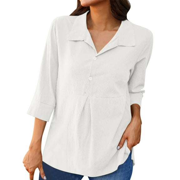 DuoJiaJ Women Three Quarter Sleeves Solid Color Lapel Hem Slit Tuxedo Top Irregular Pullover Shirt Women's Button Down Shirts White XXXL