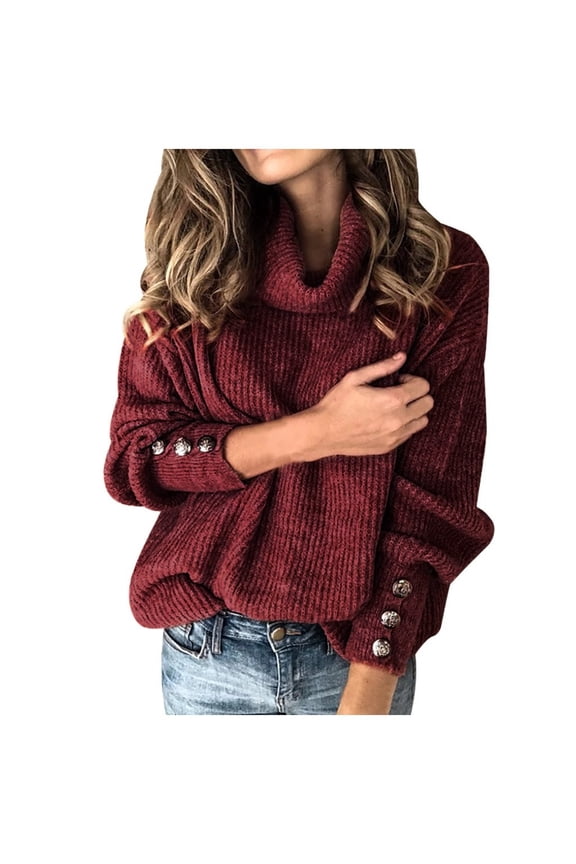 Women Turtleneck Pullover Button Long Sleeve Loose Knitted Sweater Tops Womens Jacket Red XXL