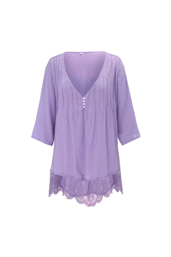 Women Vintage Three Quarter Lace V Neck Plus Size Top T Shirt Blouse Plus Size Off-Shoulder Party Tops Pink XXXL