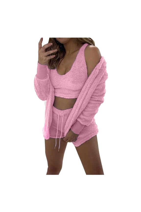Women Winter Fashion Warm Three Pieces Suit Soft Warm Flannel Shorts Pajamas Set Cute Cat Beard Hooded Sleepwear Sexy Women's Pajamas Lace Pink
