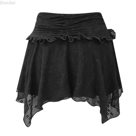 DuoJiaJ Women Y2K Lace Mini Skirt Low Rise Pleated Ruffle Short Skirts Layered Flowy Skirt Black M