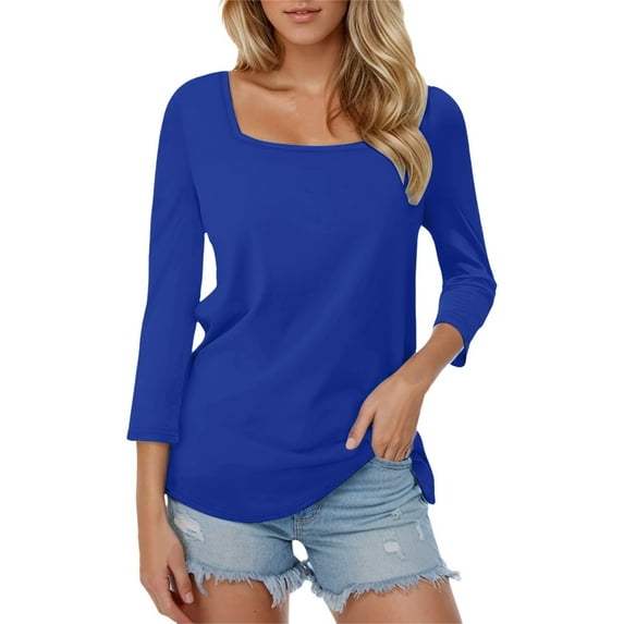 DuoJiaJ Women's 3/4 Sleeve Shirts Square Neck Color Block Summer Tops Dressy Casual Ladies Blouses Tops Cropped Tops for Women Blue L