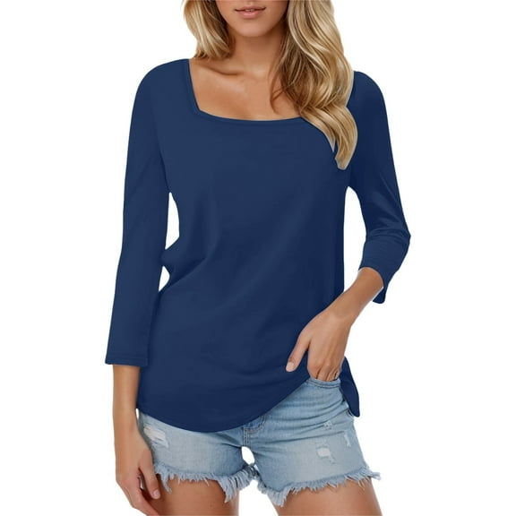 DuoJiaJ Women's 3/4 Sleeve Shirts Square Neck Color Block Summer Tops Dressy Casual Ladies Blouses Tops Cropped Tops for Women Blue M