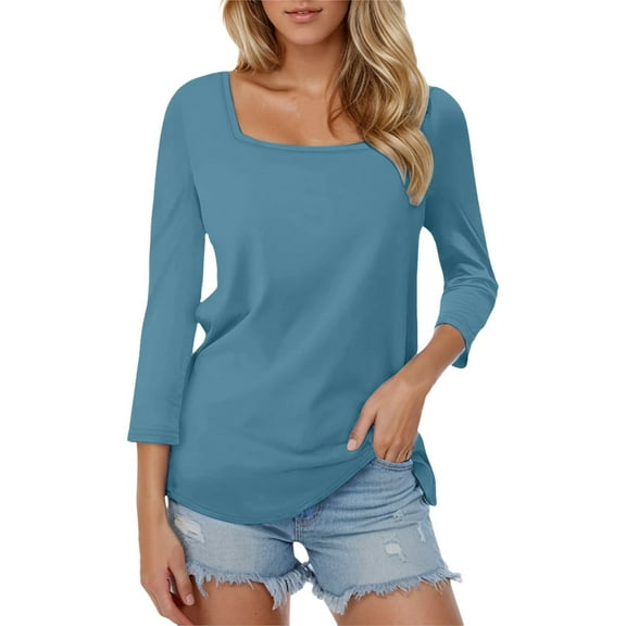 DuoJiaJ Women's 3/4 Sleeve Shirts Square Neck Color Block Summer Tops Dressy Casual Ladies Blouses Tops Cropped Tops for Women Blue S