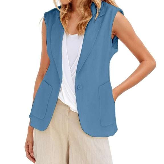 DuoJiaJ Women's And Linen Sleeveless Solid Color Color Cardigan Small Suit Jacket Women's Women Winter Coat Blue L