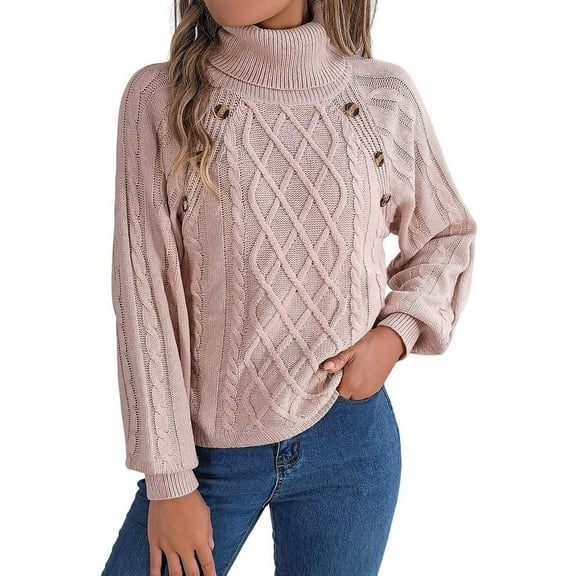 DuoJiaJ Women's Autumn And Winter Solid Color Casual Turtleneck Long Sleeve Knitted Pullover Sweater Top Crewneck Sweater Women Pink S