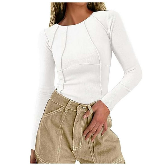 DuoJiaJ Women's Autumn Long Sleeved Ribbed Knit Casual Round Neck Slim Fit Seam Basic T Shirt Top Womenâs High-Neck Workout Tops White