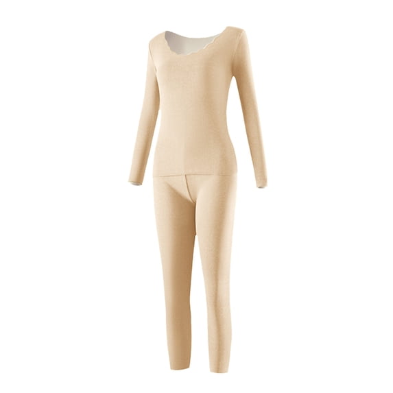 DuoJiaJ Women's Autumn And Winter Fashion Seamless Thermal Underwear Set Thick Round Neck Solid Color Heat Tight Set Thermal Underwear Women Plus Size Warm Winter Beige L