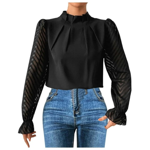 DuoJiaJ Women's Autumn/Winter Half High Collar Splicing Pattern Chiffon Long Sleeve Top Women’s Lace Trim Casual Blouses Black