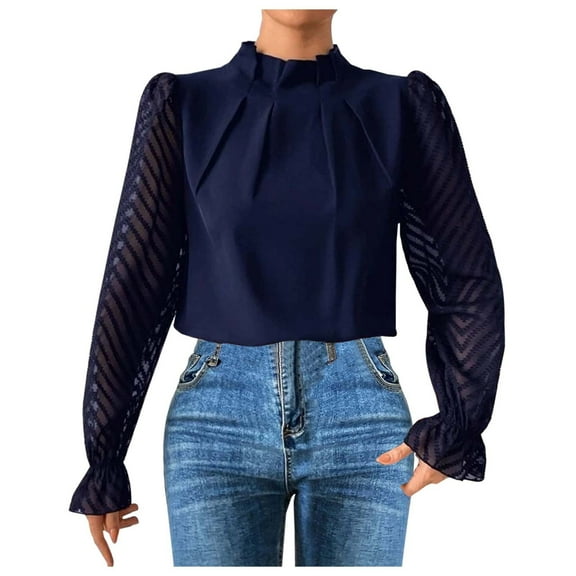 DuoJiaJ Women's Autumn/Winter Half High Collar Splicing Pattern Chiffon Long Sleeve Top Women’s Lace Trim Casual Blouses Blue