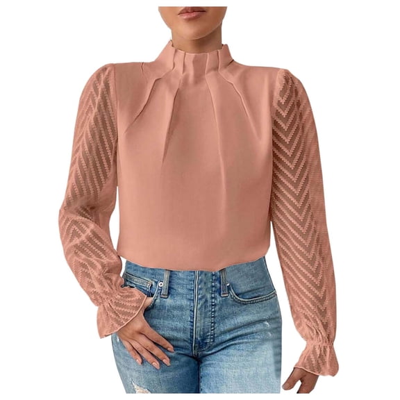 DuoJiaJ Women's Autumn/Winter Half High Collar Splicing Pattern Chiffon Long Sleeve Top Women’s Lace Trim Casual Blouses Gold