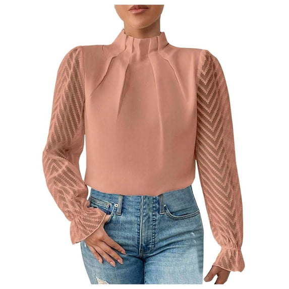 DuoJiaJ Women's Autumn/Winter Half High Collar Splicing Pattern Chiffon Long Sleeve Top Women’s Lace Trim Casual Blouses Gold