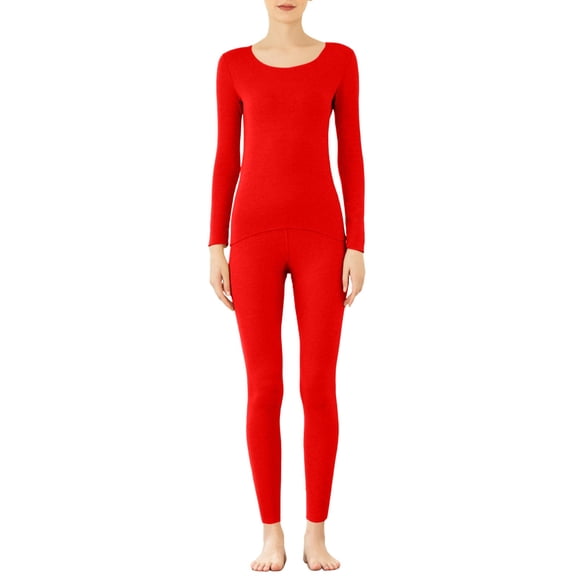 DuoJiaJ Women's Autumn And Winter Round Neck Single Layer Double Brushed Seamless Seamless Bottoming Clothes Thermal Underwear Women's Thermal Underwear Set Fleece-Lined Red S