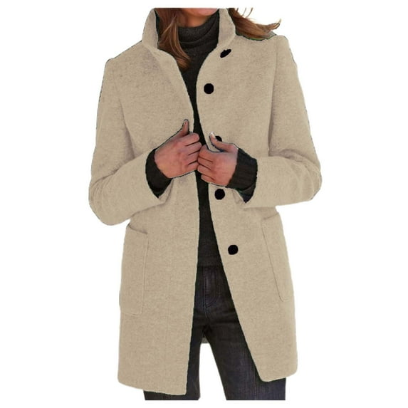 DuoJiaJ Women's Autumn Winter Vintage Solid Color Button Up Stand Collar Wool Coat Women Winter Coat Beige L